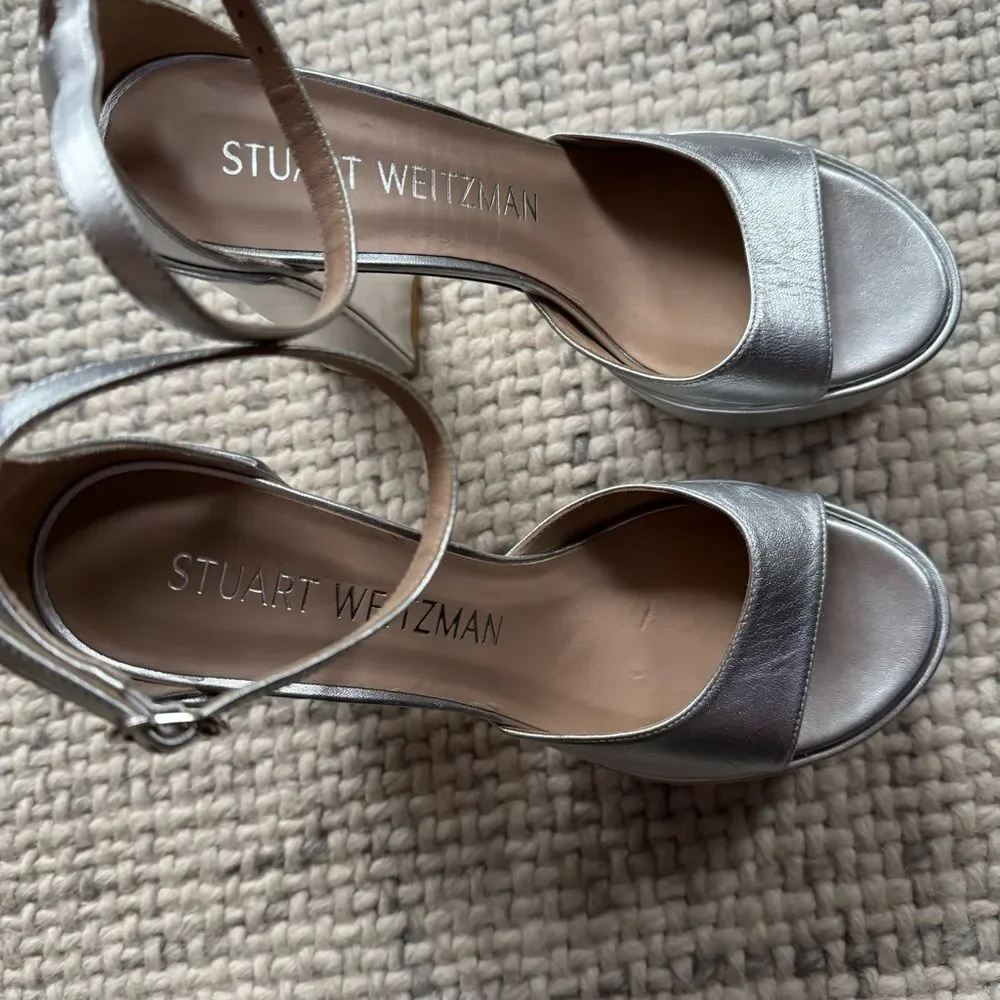 NEW Stuart Weitzman Skyhigh 145 Platform Sandal in Silver 9.5
